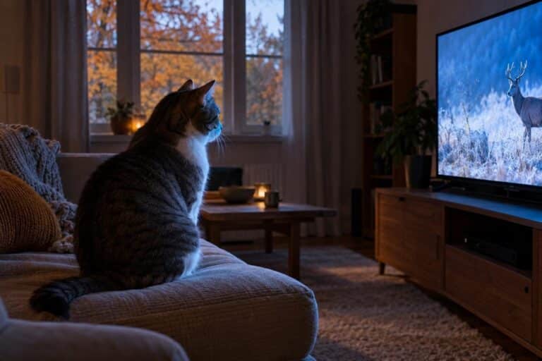Un chat domestique assis seul sur un canapé, regardant fixement un écran de télévision allumée dans un salon vide éclairé par la lumière bleutée de l'écran, pendant la journée avec une lumière automnal tamisée passant par la fenêtre