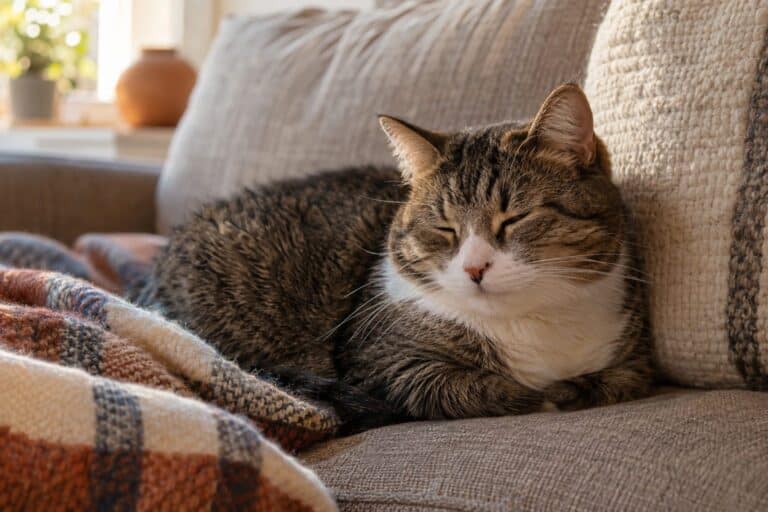 Un chat domestique installé confortablement au même endroit sur un canapé, montrant son attachement à ce lieu précis