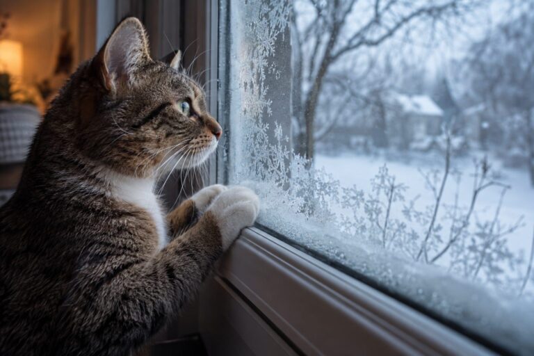 Un chat domestique regardant intensément par une porte-fenêtre vitrée en hiver, avec du givre ou de la neige visible à l'extérieur