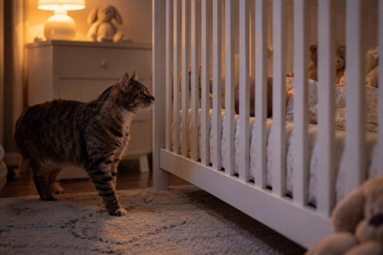 Un chat domestique rôdant silencieusement autour d'un berceau blanc la nuit, observant le bébé endormi avec une expression méfiante et vigilante