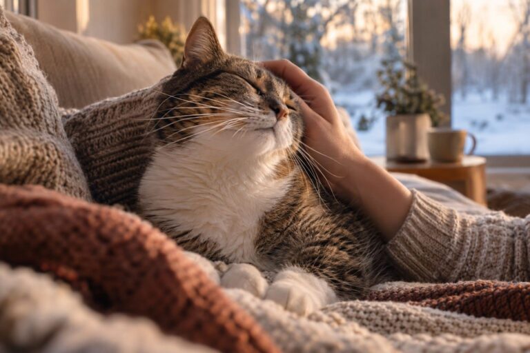 Un chat domestique ronronnant sur un canapé pendant qu'une main le caresse, avec une ambiance chaleureuse hivernale