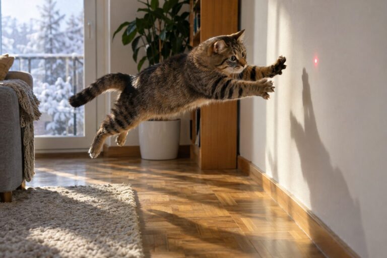 Un chat domestique en plein saut acrobatique après un point laser rouge sur un mur intérieur