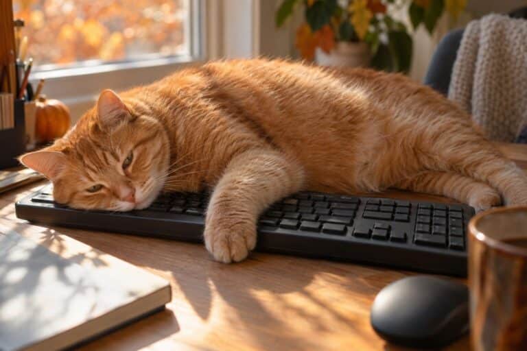 Chat roux allongé de tout son long sur un clavier d'ordinateur, vue de dessus rapprochée, bureau automnal avec lumière naturelle d'après-midi
