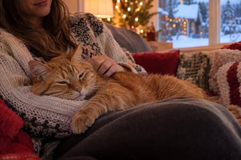Un chat roux blotti contre une personne assise sur un canapé près d'une fenêtre décorée de guirlandes lumineuses en décembre