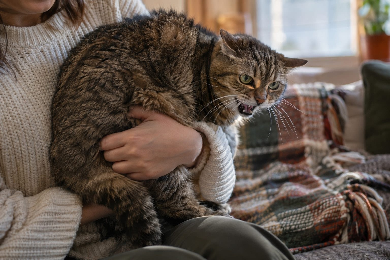 Un chat gris tabby se crispe et se défend dans les bras d'une personne, dos arqué et oreilles en arrière, sur un canapé avec plaid en hiver