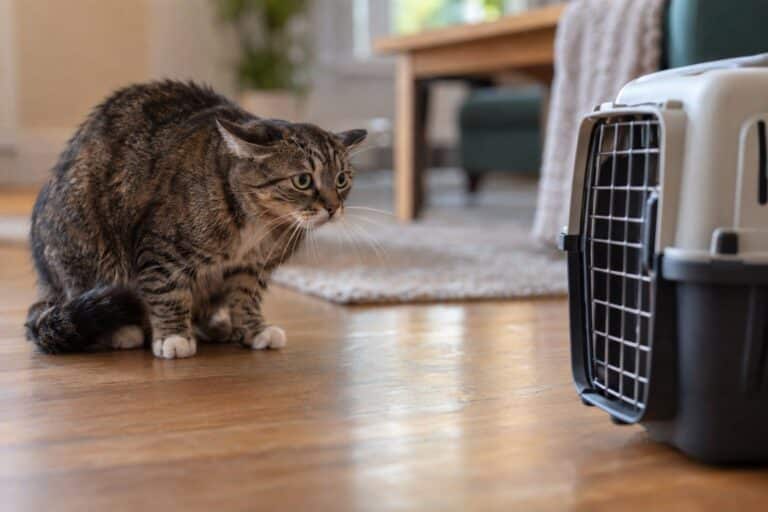 Un chat domestique figé devant une caisse de transport, oreilles en arrière, expression méfiante