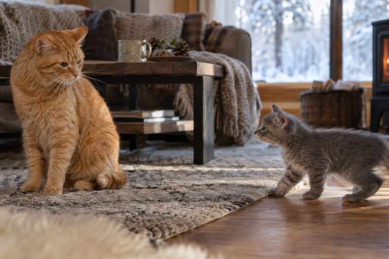 Un chat adulte roux méfiant observant un chaton gris qui arrive dans le salon d'une maison en hiver