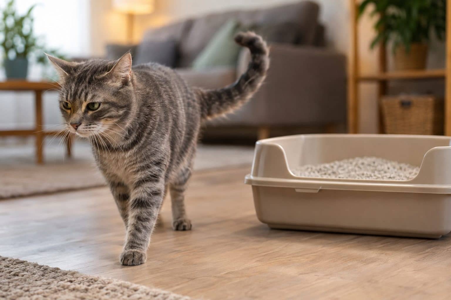 Un chat gris tabby qui s'éloigne délibérément de sa litière en plastique beige, regardant vers l'arrière avec une expression d'évitement