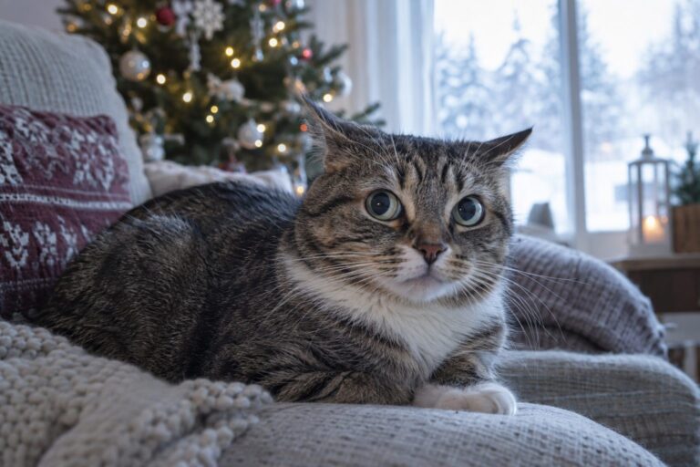 Un chat allongé sur un lit ou un canapé avec une expression faciale tendue, oreilles légèrement en arrière, yeux mi-clos, dans un intérieur hivernal avec lumière naturelle froide