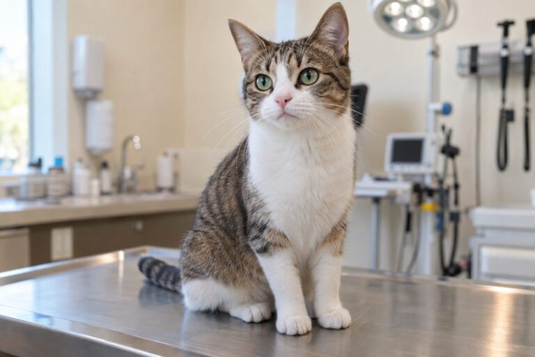Chat domestique en attente chez le vétérinaire, assis alertement pendant une consultation