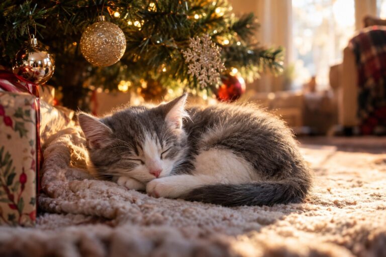 Un chaton gris et blanc endormi lovingly enroulé aux pieds d'un sapin de Noël décoré, dans un intérieur cosy illuminé par la lumière chaleureuse des guirlandes, évoquant la douceur et la tendresse des fêtes de famille