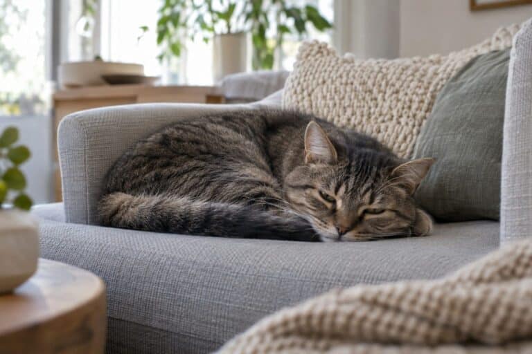 Chat d'intérieur gris allongé endormi sur un canapé gris clair, paupières mi-closes, dans un salon domestique baigné de lumière naturelle douce
