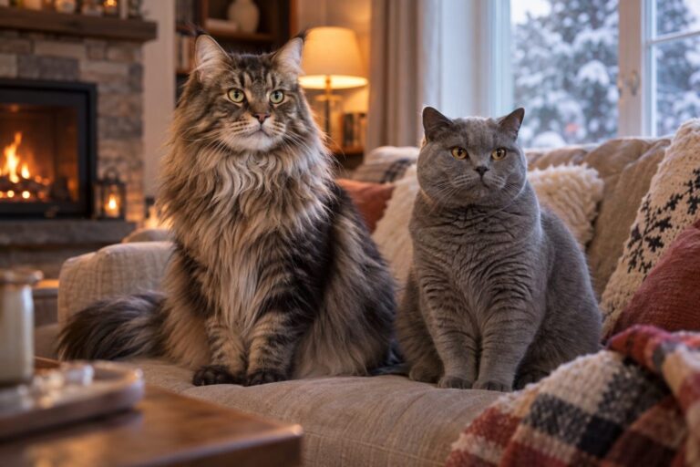 Un Maine Coon et un British Shorthair assis côte à côte sur un canapé confortable en intérieur hivernal
