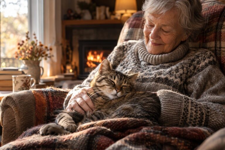 Un chat gris assis sur les genoux d'une personne âgée dans un fauteuil, en intérieur hivernal chaleureux