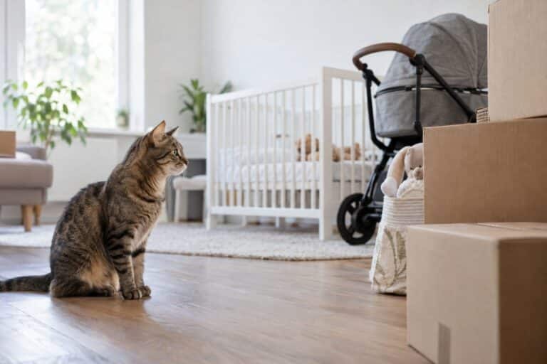 Un chat tabby observant avec curiosité et inquiétude des cartons de déménagement et des objets de puériculture dans un salon