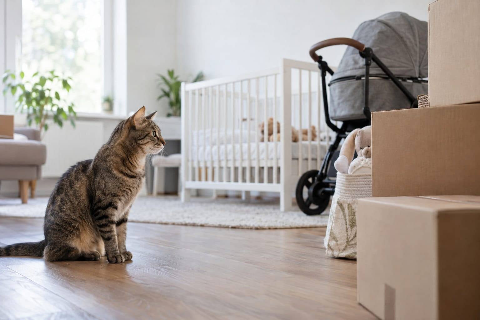 Un chat tabby observant avec curiosité et inquiétude des cartons de déménagement et des objets de puériculture dans un salon