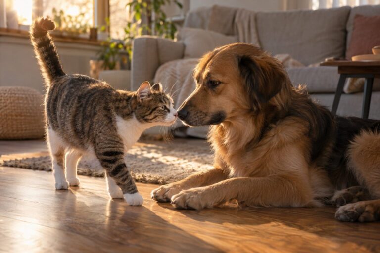 Un chat aux yeux vifs s'approchant d'un chien avec la queue dressée en signe de confiance, dans un intérieur douillet