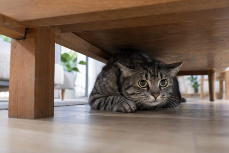 Un chat gris caché sous une table en bois, recroquevillé et regardant vers l'extérieur avec des yeux écarquillés, exprimant la peur et l'anxiété face aux bruits