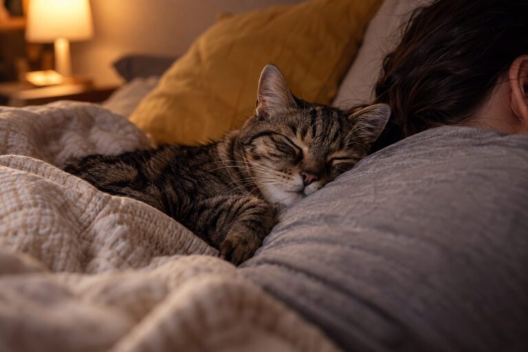 Un chat gris tabby endormi blotti contre le dos d'une personne dans un lit douillet la nuit