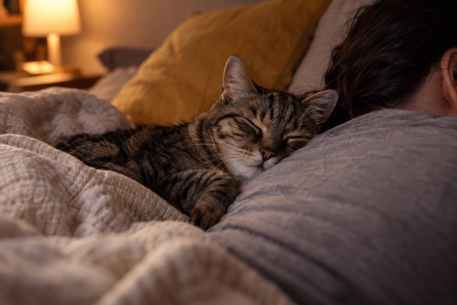 Un chat gris tabby endormi blotti contre le dos d'une personne dans un lit douillet la nuit