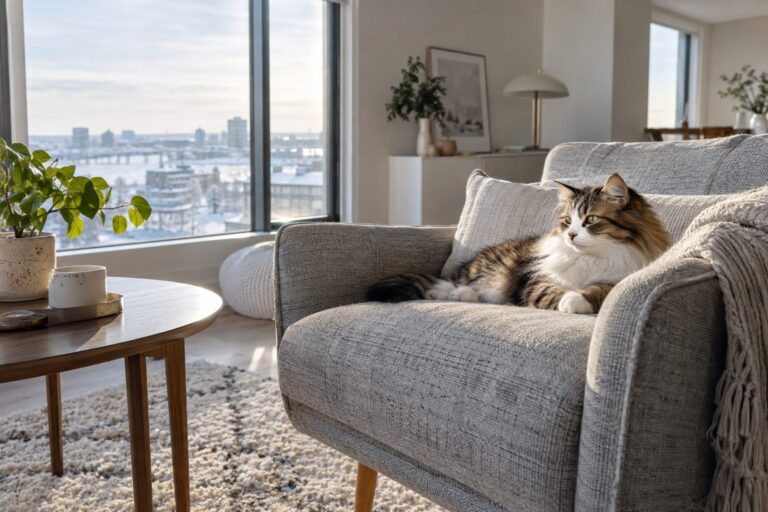 Un chat domestique seul et serein dans un appartement vide pendant la journée, allongé confortablement sur un fauteuil près d'une fenêtre