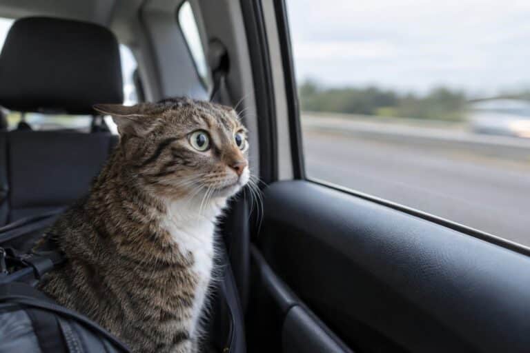 Chat stressé dans une voiture en mouvement, regardant par la fenêtre avec une expression anxieuse