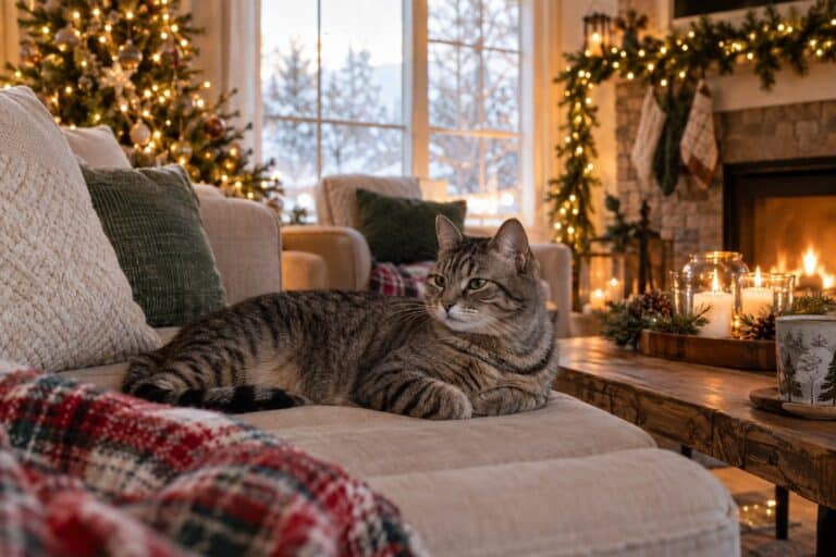 Un chat gris discret allongé sur un canapé beige dans un salon cosy de décembre avec guirlandes lumineuses et ambiance hivernale