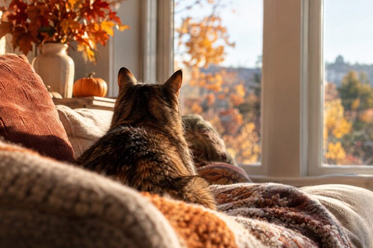 Chat assis de dos sur un canapé en automne, oreilles dressées, regardant par la fenêtre