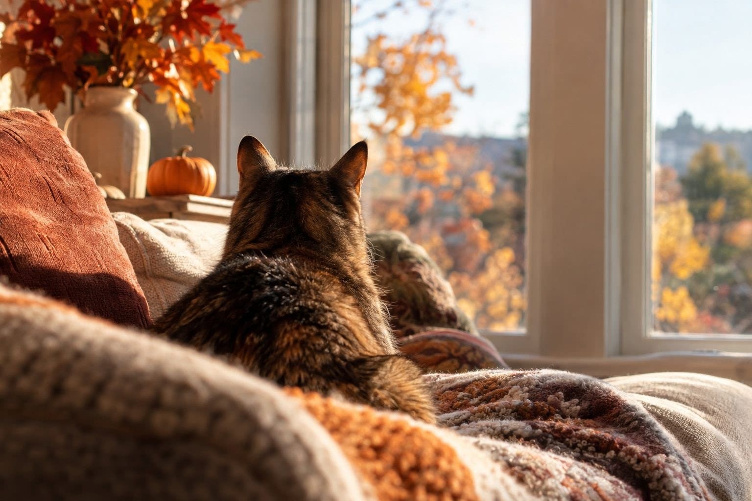 Chat assis de dos sur un canapé en automne, oreilles dressées, regardant par la fenêtre