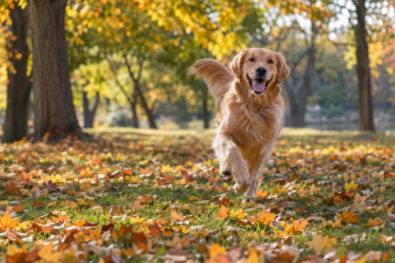 Un chien en bonne santé jouant dehors en automne, symbolisant des défenses naturelles renforcées