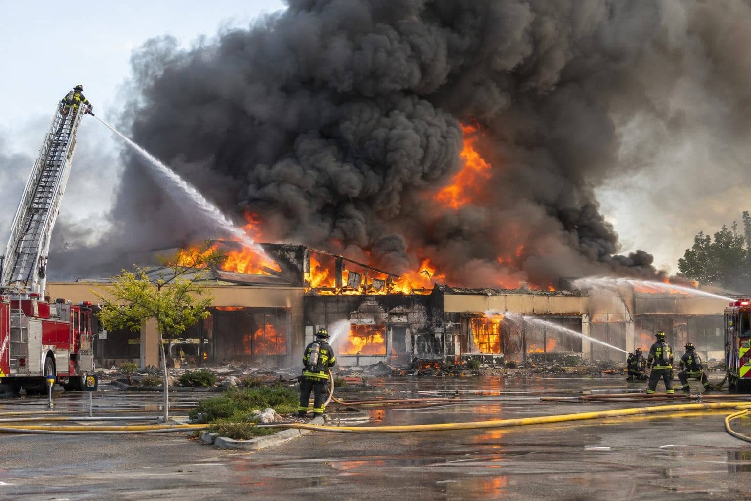 Bâtiment d'animalerie Animalis en flammes avec pompiers intervenant, fumée dense et structure endommagée