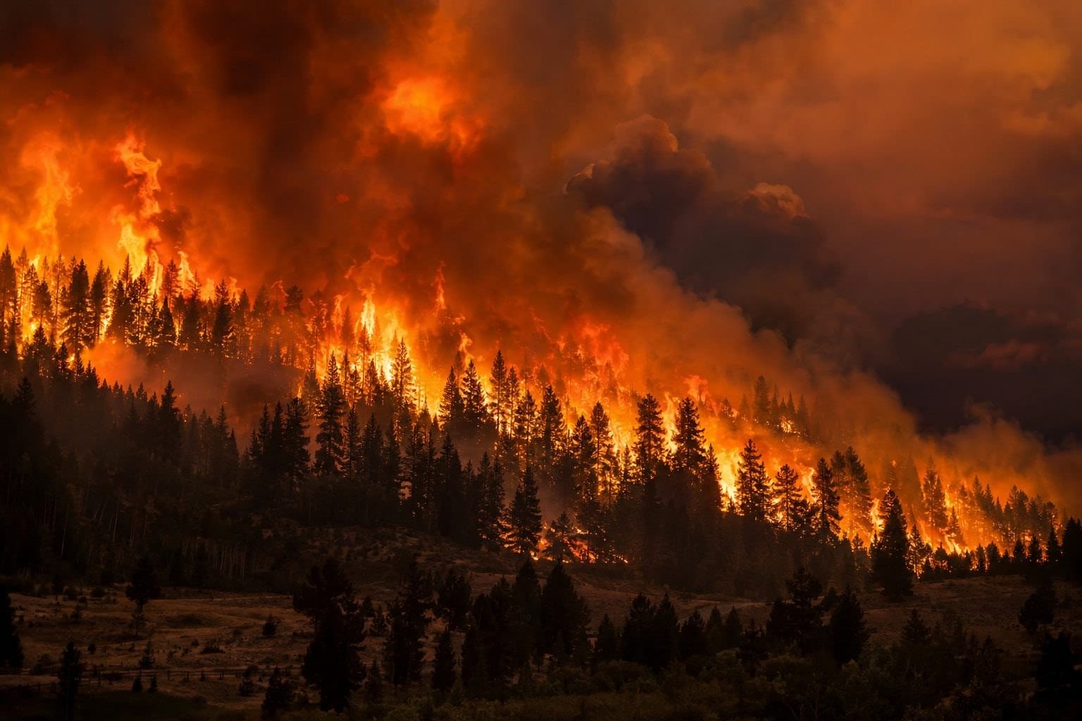 Forêt de pins en flammes lors des incendies de Gironde en juillet 2022