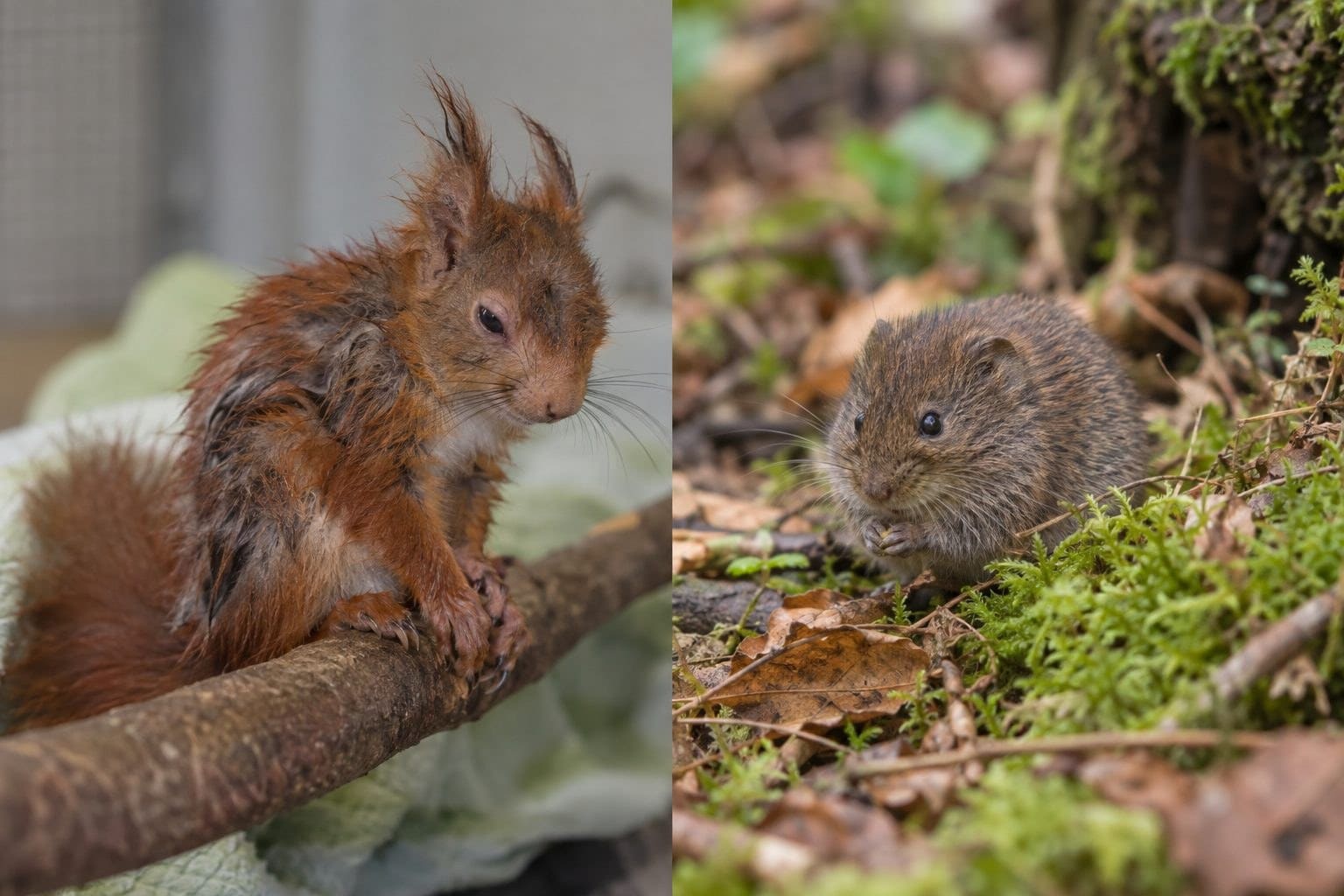 Un écureuil roux (Sciurus vulgaris) exténué après les incendies et un campagnol des champs sain et sauf