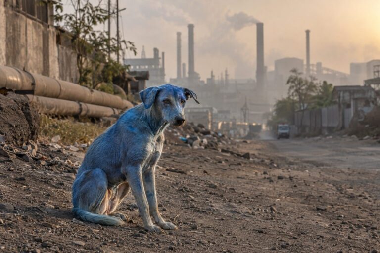 Chien errant bleu assis dans une rue polluée de Navi Mumbai, Inde