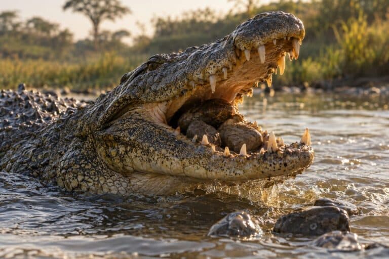 Crocodile du Nil en gros plan avalant des pierres dans son habitat naturel