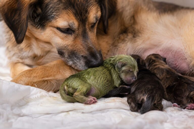 Un chiot nouveau-né au pelage vert brillant, allongé près de sa mère chienne (race mixte), quelques heures après la naissance