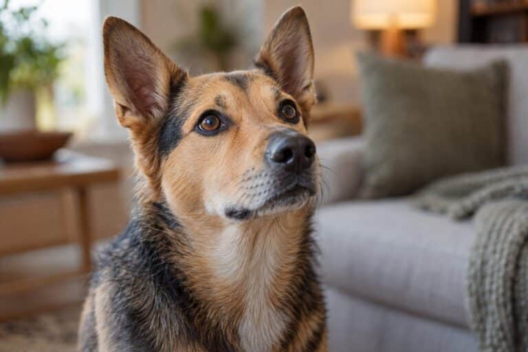 Un chien de race mixte attentif écoutant son propriétaire, en gros plan sur son visage avec les oreilles dressées, dans un intérieur lumineux et chaleureux