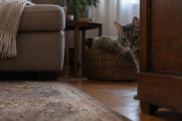 Un chat domestique gris retraité et isolé, caché partiellement derrière un meuble dans un intérieur sombre, observant prudemment l'environnement