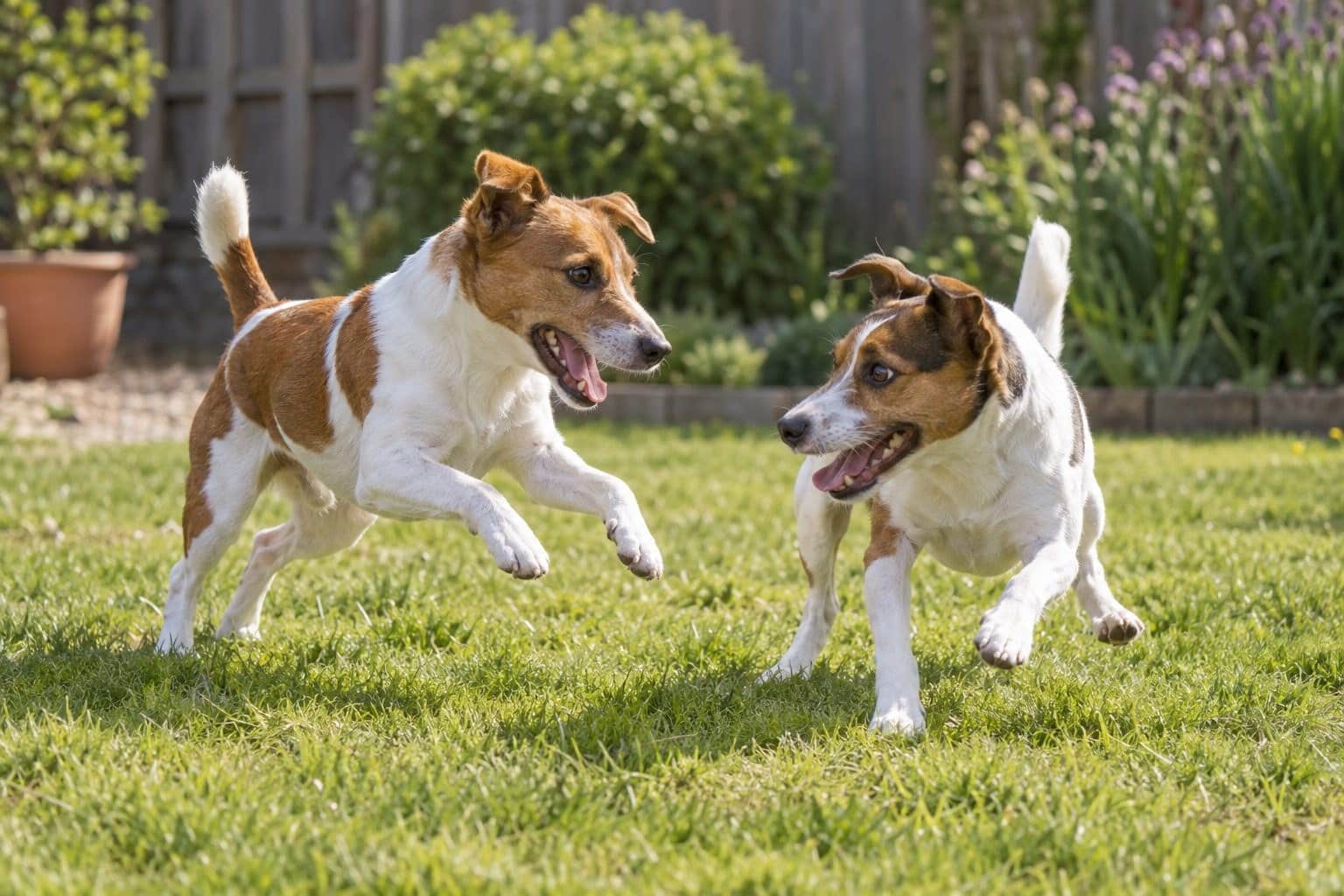 Deux Jack Russell Terriers jouant ensemble dans un jardin