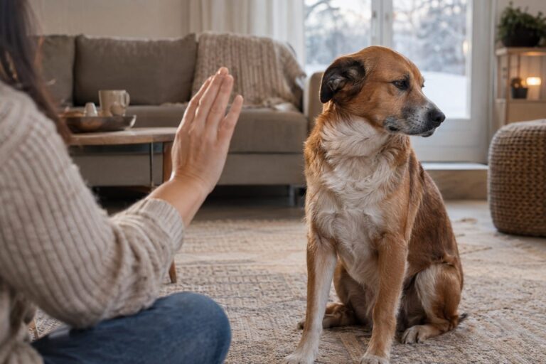 Un chien assis face à son maître qui lève la main pour donner un ordre, le chien regardant ailleurs avec indifférence