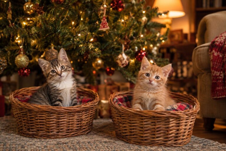 Deux chatons assis côte à côte dans des paniers de Noël sous un sapin illuminé, lumière dorée des guirlandes