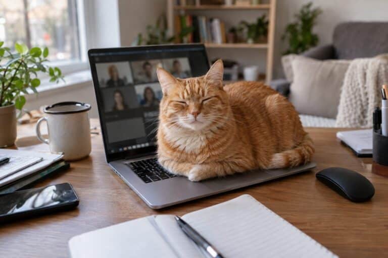 Chat roux assis sur un clavier d'ordinateur pendant une visioconférence en télétravail