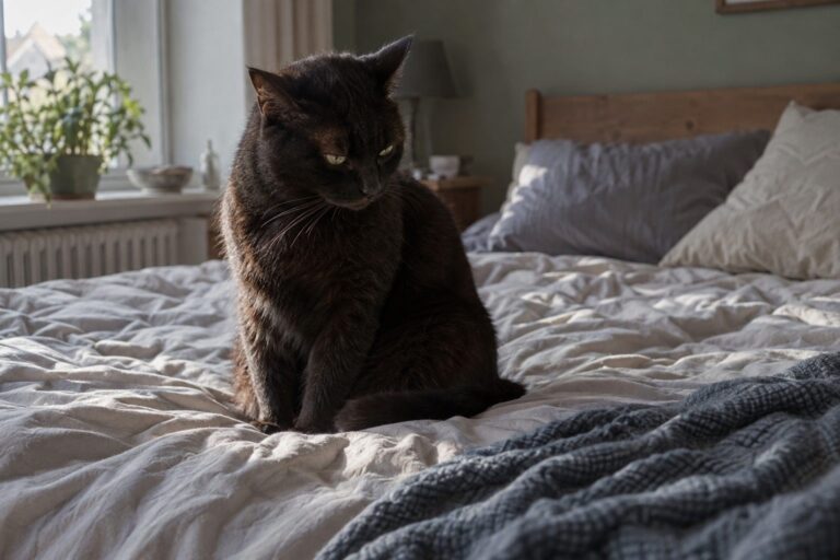 Chat domestique boudeur assis seul sur un lit, regard distant et triste, après le retour de ses maîtres