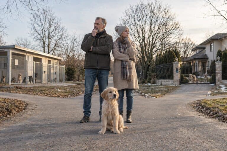 Un couple adulte hésitant face à deux chemins symboliques : un refuge animalier d'un côté et un élevage de l'autre, avec un chiot en avant-plan