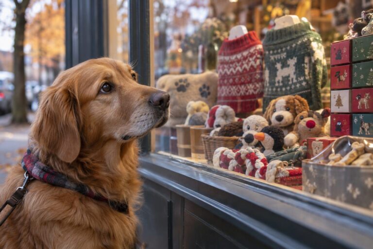 Un chien regardant avec des yeux attendrissants une vitrine de magasin remplie de jouets colorés et de friandises pour chiens pendant la période automnale