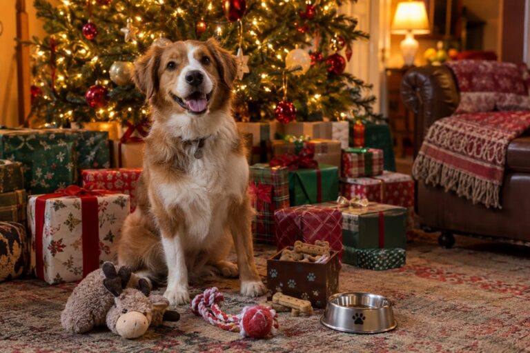 Un chien heureux recevant des cadeaux de Noël sous un sapin illuminé, entouré de jouets et de friandises, symbole des dépenses festives pour les animaux domestiques