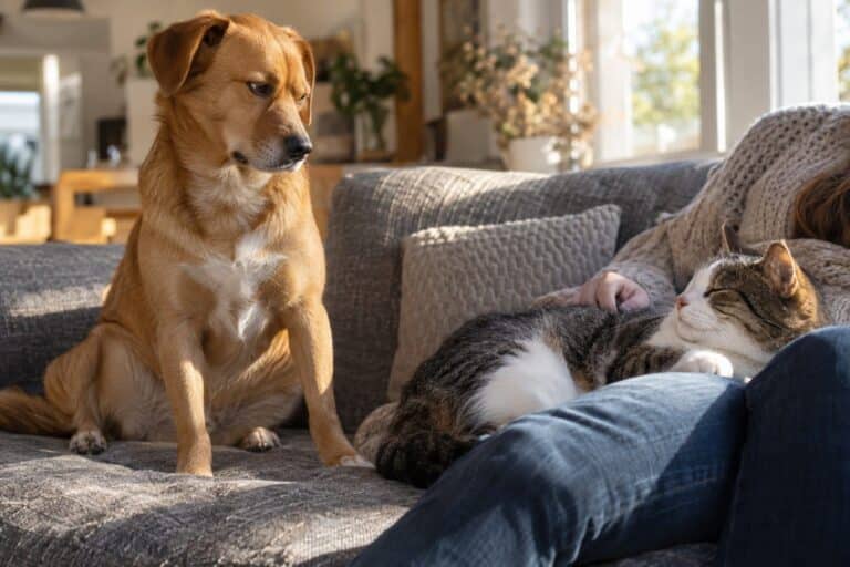 Un chien assis sur un canapé regardant avec jalousie un chat couché près de son propriétaire dans un salon