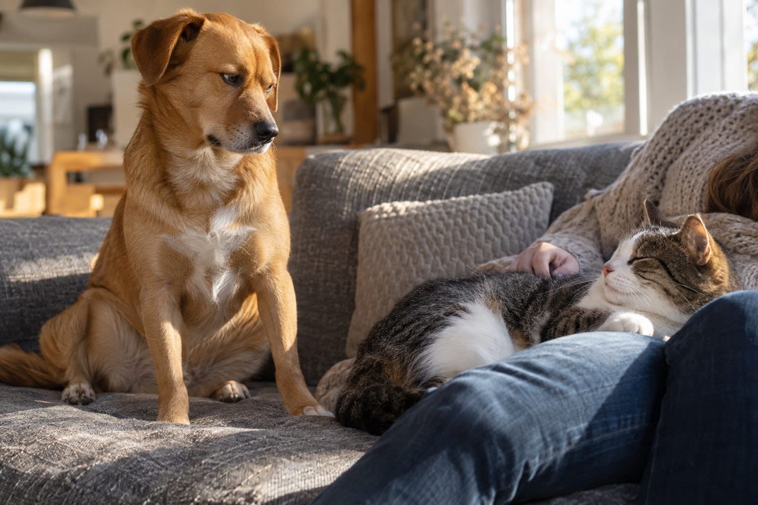 Un chien assis sur un canapé regardant avec jalousie un chat couché près de son propriétaire dans un salon