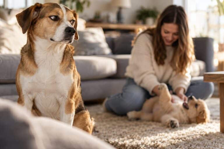 Un chien de race moyenne assis dans un salon moderne, regardant avec intensité son maître qui joue avec un nouveau chiot, montrant un comportement de jalousie