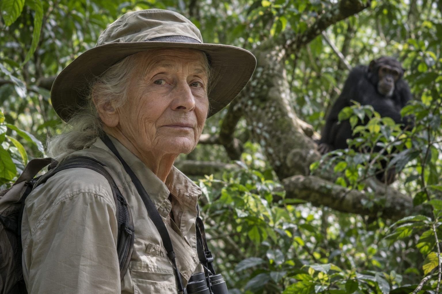 Portrait de Jane Goodall, primatologue britannique, en tenue de terrain dans la forêt